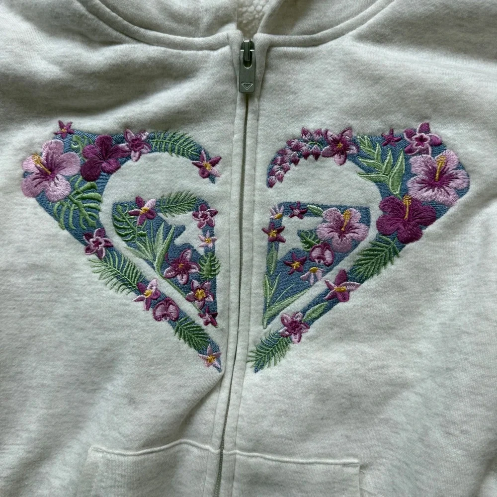 Roxy Hoodie Girls Size M 10/12 Oatmeal Excellent Sherpa Lined Floral Heart Zip